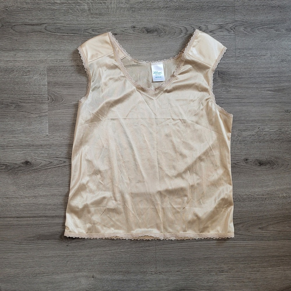 VINTAGE Velrose 7101 Womens Nylon Camisole Lace Trim Tank Top Beige Medium